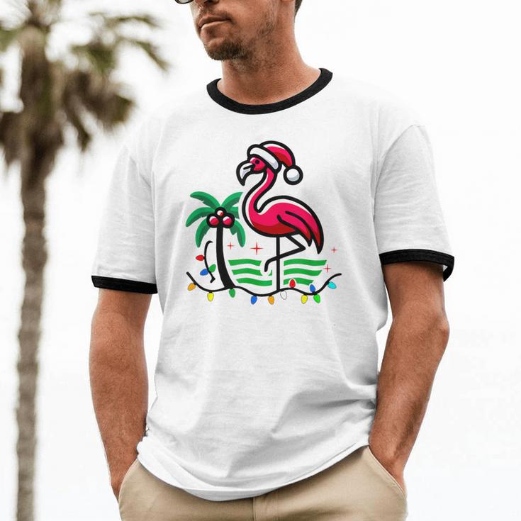 Nostalgia Holiday Tees -Adult Christmas Flamingo Small Short Sleeve Crew Neck Cotton Polyester Lightweight Ribbed Cuff Winter Unisex Cotton Ringer T-Shirt