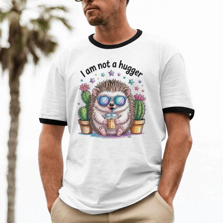 I Am Not a Hugger Introvert Hedgehog With Cactus Unisex Cotton Ringer T-Shirt