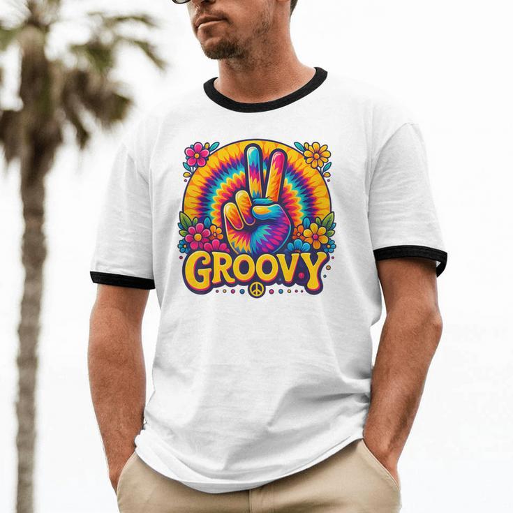 Peace Sign Groovy Vibes Costume Nostalgia Tie Dye Fashion Unisex Cotton Ringer T-Shirt