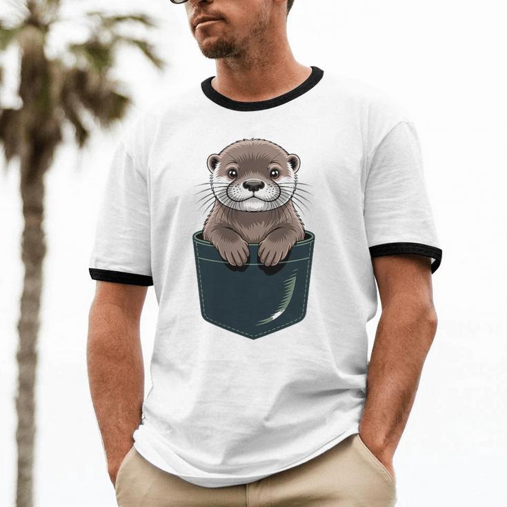 Pocket Otter Lover Introvert Cute Animal Fun Surprise Unisex Cotton Ringer T-Shirt