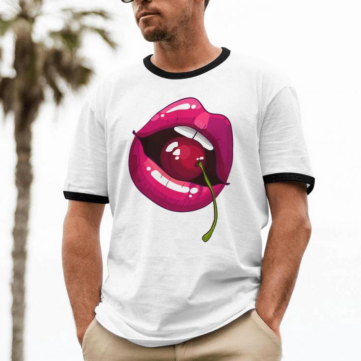 Rainbow Lips With a Cherry In The Mouth 80s Nostalgia Premium Tri-Blend Unisex Cotton Ringer T-Shirt Rainbow Lips With a Cherry In The Mouth 80s Nostalgia Premium Tri-Blend Unisex Cotton Ringer T-Shirt