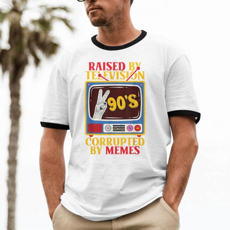 Raised By Television Corrupted By Memes Internet Nostalgia Unisex Cotton Ringer T-Shirt Raised By Television Corrupted By Memes Internet Nostalgia Unisex Cotton Ringer T-Shirt