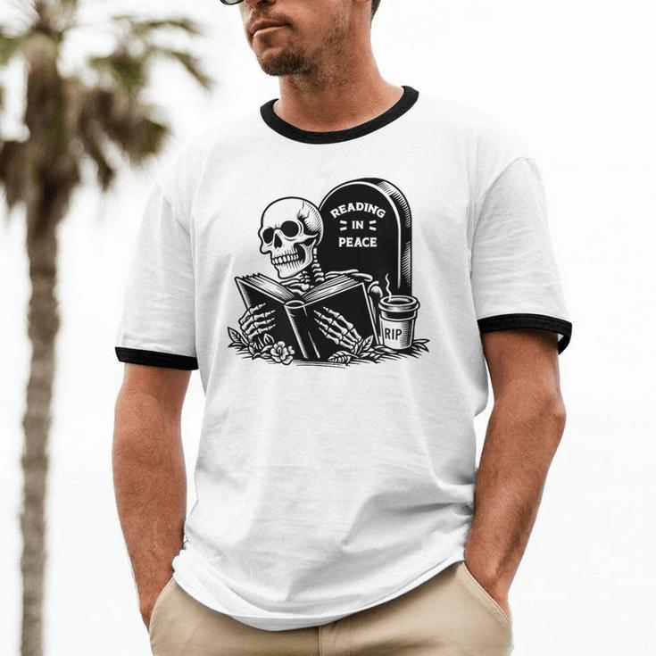 READING IN PEACE RIP Introvert Skeleton Read Book Meme Unisex Cotton Ringer T-Shirt READING IN PEACE RIP Introvert Skeleton Read Book Meme Unisex Cotton Ringer T-Shirt