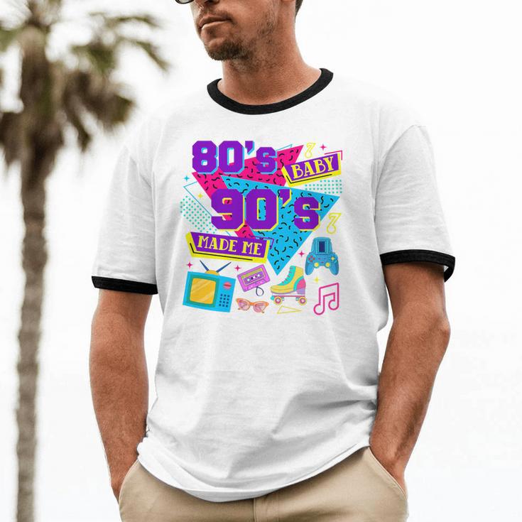 Retro 1980s 80's Baby 1990s 90's Made Me Nostalgia Birthday Premium Tri-Blend Unisex Cotton Ringer T-Shirt