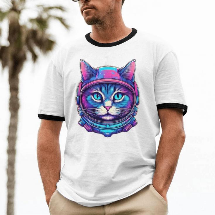 Retro 80s Cat In Space Suit Nostalgia Cat Vintage Astronaut Unisex Cotton Ringer T-Shirt