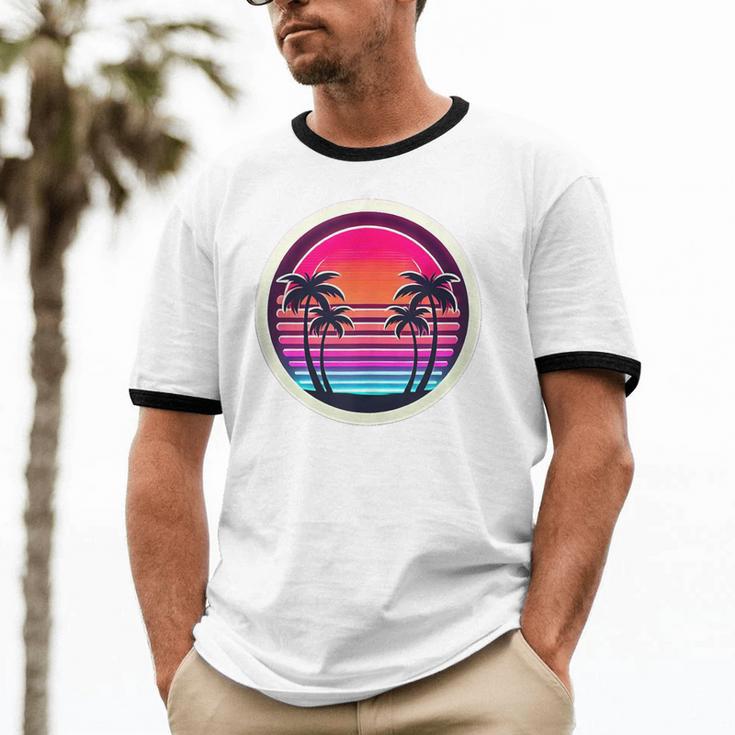 Retro 80s Synthwave Sunset & Palm Trees Retro Nostalgia 80s Unisex Cotton Ringer T-Shirt Retro 80s Synthwave Sunset & Palm Trees Retro Nostalgia 80s Unisex Cotton Ringer T-Shirt