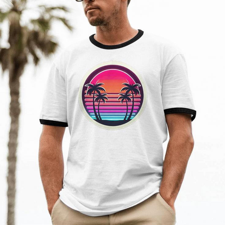 Retro 80s Synthwave Sunset & Palm Trees Retro Nostalgia 80s Unisex Cotton Ringer T-Shirt