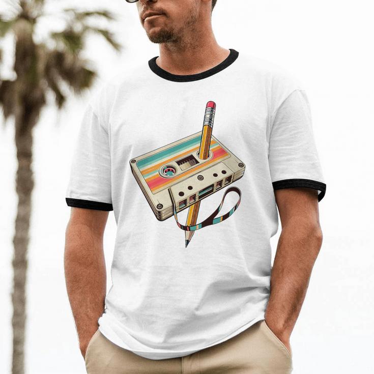Retro Cassette Tape & Pencil Rewind Nostalgia Party 80s 90s Premium Unisex Cotton Ringer T-Shirt