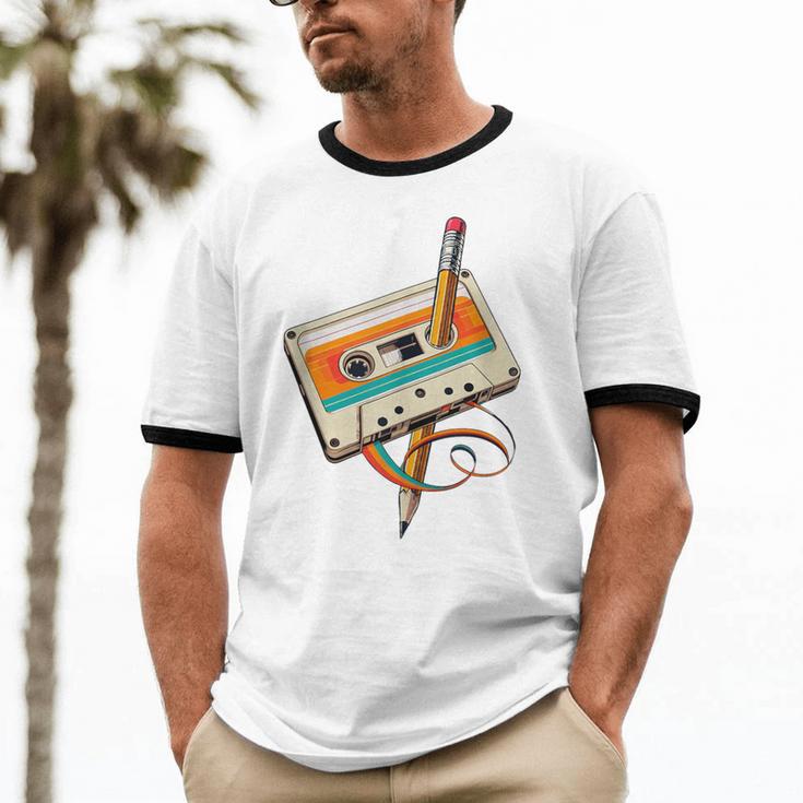 Retro Cassette Tape & Pencil Rewind Nostalgia Party 80s 90s Unisex Cotton Ringer T-Shirt Retro Cassette Tape & Pencil Rewind Nostalgia Party 80s 90s Unisex Cotton Ringer T-Shirt