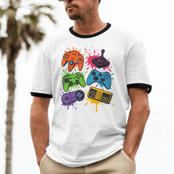 Retro Gamer Controller 80s 90s Video Game Arcade Nostalgia Unisex Cotton Ringer T-Shirt