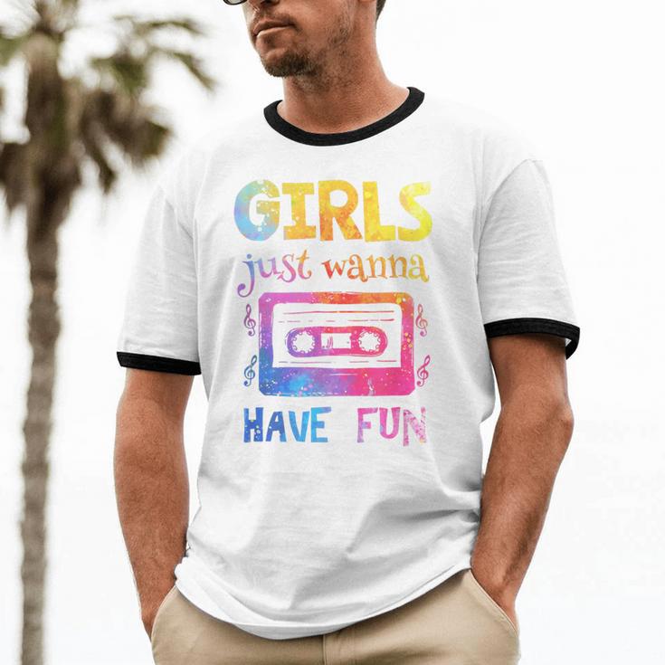 Retro Girls Just Wanna Have Fun Nostalgia 1980s 80's Premium Tri-Blend Unisex Cotton Ringer T-Shirt