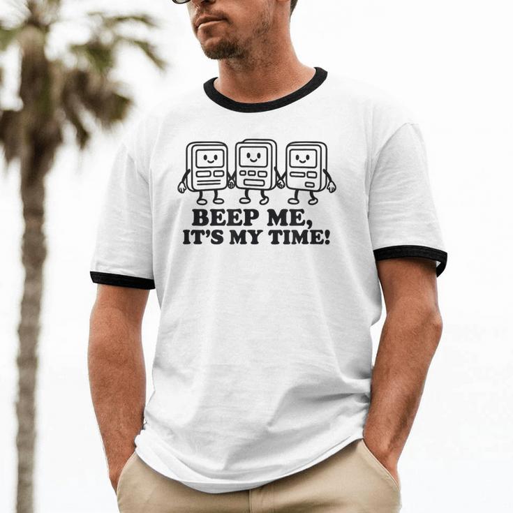 Retro Pager Squad Minimalist Monochrome Cartoon Nostalgia Unisex Cotton Ringer T-Shirt