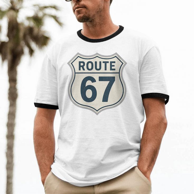 Retro Route 67 Highway Sign Vintage Road Nostalgia Unisex Cotton Ringer T-Shirt