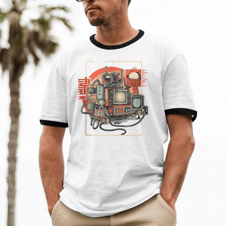 Retro Tech Stack 80s 90s Nostalgia Analog TV Cameras Unisex Cotton Ringer T-Shirt
