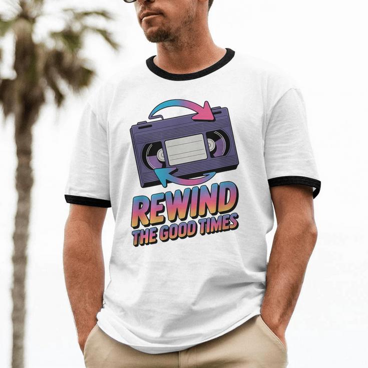 Rewind Good Times Retro VHS Tape Nostalgia 80s 90s Premium Tri-Blend Unisex Cotton Ringer T-Shirt