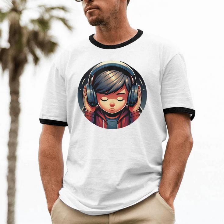 Serene Music Enthusiast With Headphones Introvert Cute Boy Unisex Cotton Ringer T-Shirt