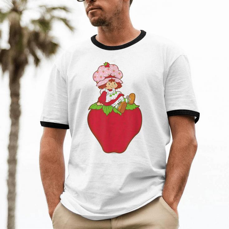 Strawberry Shortcake Sitting On Strawberry Retro Nostalgia Unisex Cotton Ringer T-Shirt
