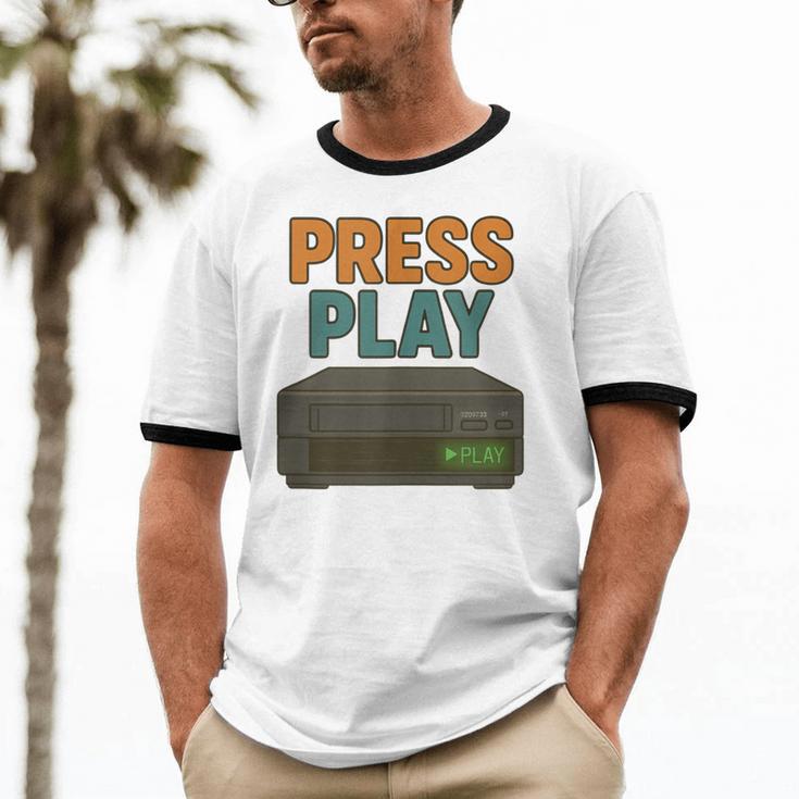 VHS Cassette Retro Analog Nostalgia Theme Unisex Cotton Ringer T-Shirt