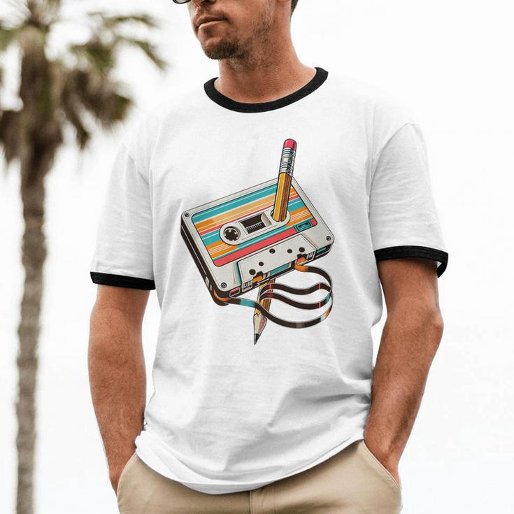 Vintage Cassette Tape And Pencil Nostalgia Party 70s 80s 90s Premium Unisex Cotton Ringer T-Shirt