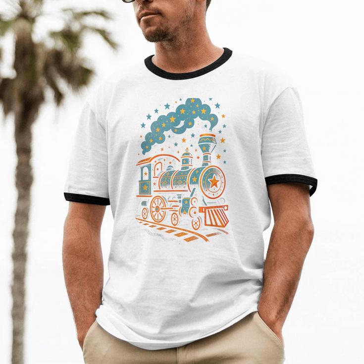 Vintage Locomotive Nostalgia Railroad Stars Unisex Cotton Ringer T-Shirt Vintage Locomotive Nostalgia Railroad Stars Unisex Cotton Ringer T-Shirt