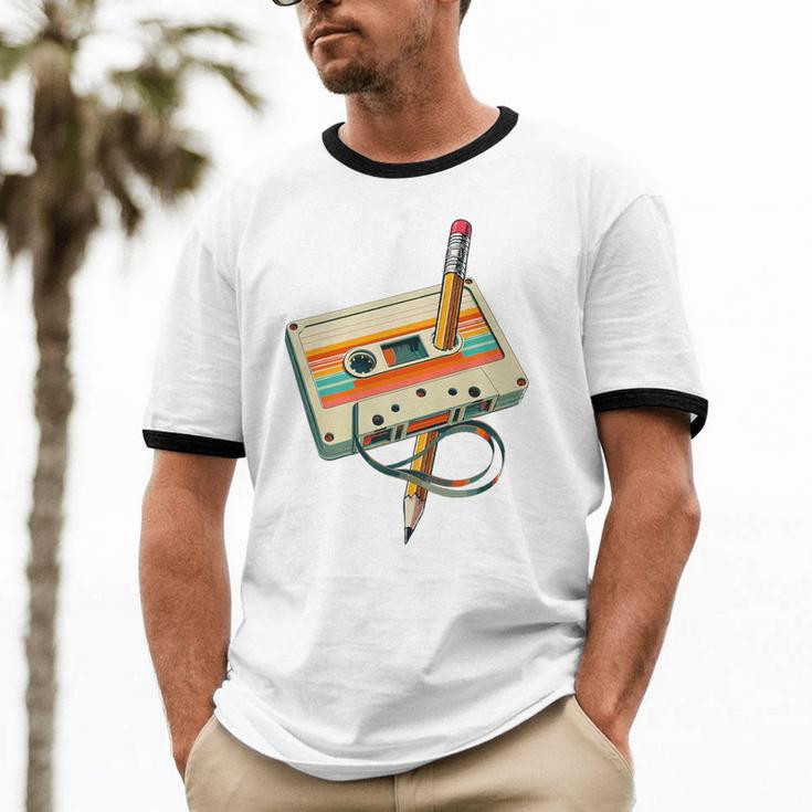 Vintage Pencil Rewind Cassette Tape Nostalgia Party 80s 90s Premium Unisex Cotton Ringer T-Shirt Vintage Pencil Rewind Cassette Tape Nostalgia Party 80s 90s Premium Unisex Cotton Ringer T-Shirt