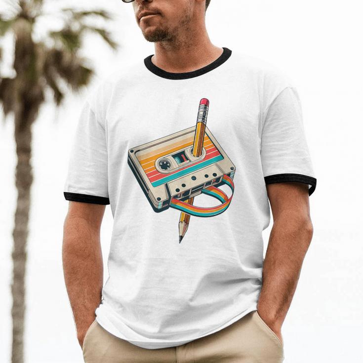 Vintage Pencil Rewind Cassette Tape Nostalgia Party 80s 90s Unisex Cotton Ringer T-Shirt