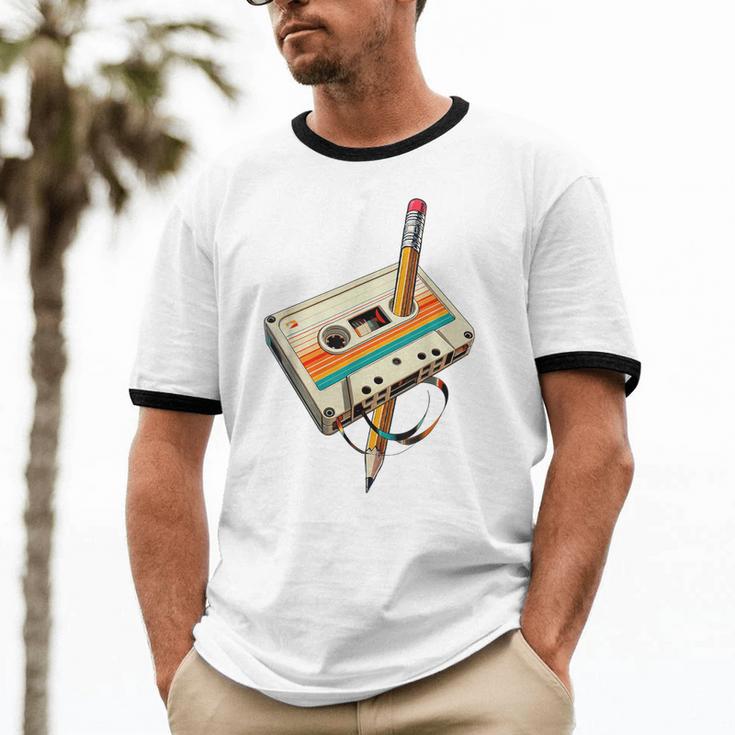 Vintage Pencil Rewind Cassette Tape Nostalgia Party 80s 90s Unisex Cotton Ringer T-Shirt
