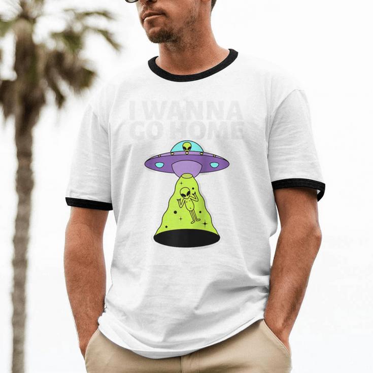 I Wanna Go Home Introvert UFO UAP Flying Saucer Trippy Alien Raglan Baseball Tee Unisex Cotton Ringer T-Shirt