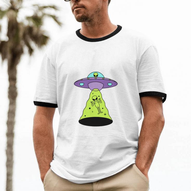 I Wanna Go Home Introvert UFO UAP Flying Saucer Trippy Alien Unisex Cotton Ringer T-Shirt