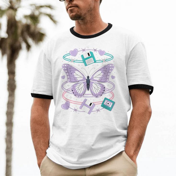 Y2K Butterfly Floppy Disk Art Digital Nostalgia Unisex Cotton Ringer T-Shirt Y2K Butterfly Floppy Disk Art Digital Nostalgia Unisex Cotton Ringer T-Shirt