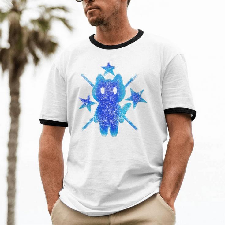 Yk2 Grunge Earthy Blue Cat With Stars Tomboy 90s Nostalgia Premium Tri-Blend Unisex Cotton Ringer T-Shirt