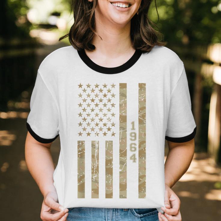 1964 Year Nostalgia Desert Camo Distressed American Flag Unisex Cotton Ringer T-Shirt