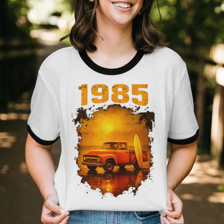 1985 Vintage Sunset Surf Truck Retro Beach Nostalgia Unisex Cotton Ringer T-Shirt