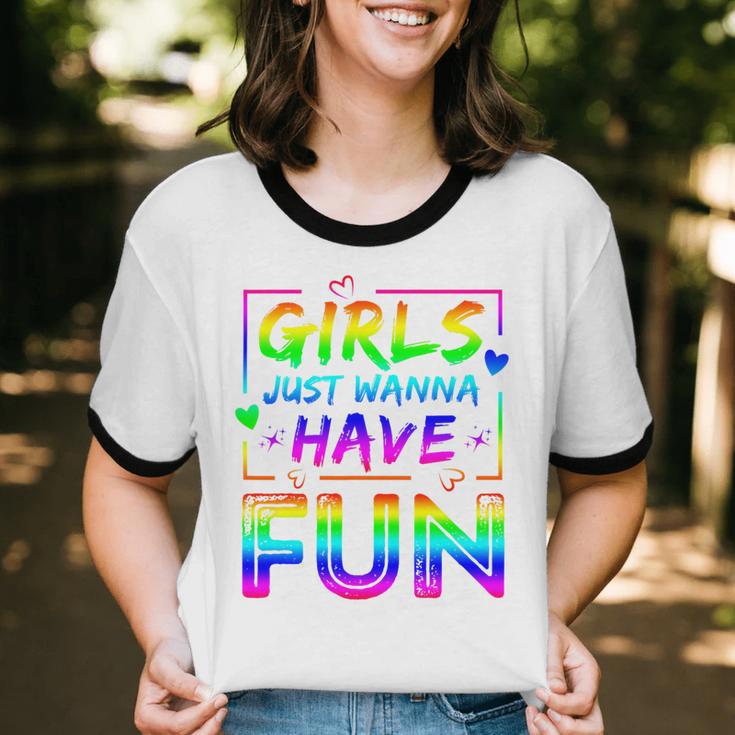 80's Girls Just Wanna Have Fun Nostalgia 1980s Style Premium Tri-Blend Unisex Cotton Ringer T-Shirt