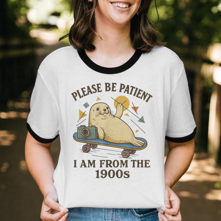 90s Manatee Humor Please Patient I'm From The 1900s Unisex Cotton Ringer T-Shirt 90s Manatee Humor Please Patient I'm From The 1900s Unisex Cotton Ringer T-Shirt