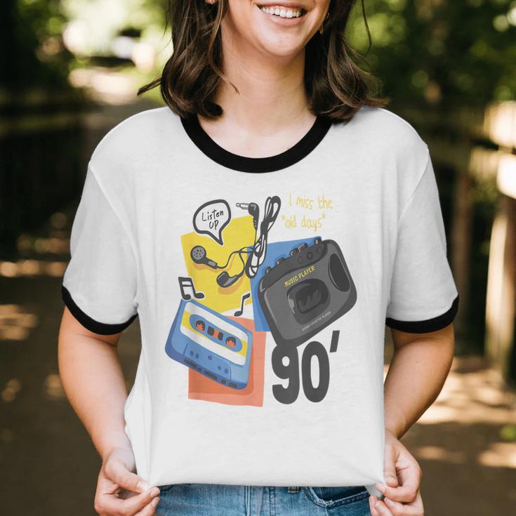 90s Retro Cassette And Walkman Nostalgia Graphic Tee Unisex Cotton Ringer T-Shirt