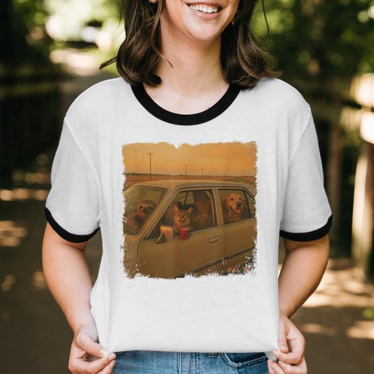 90s Roadtrip Animals Photo Cat Sloth Dog Retro Nostalgia Unisex Cotton Ringer T-Shirt