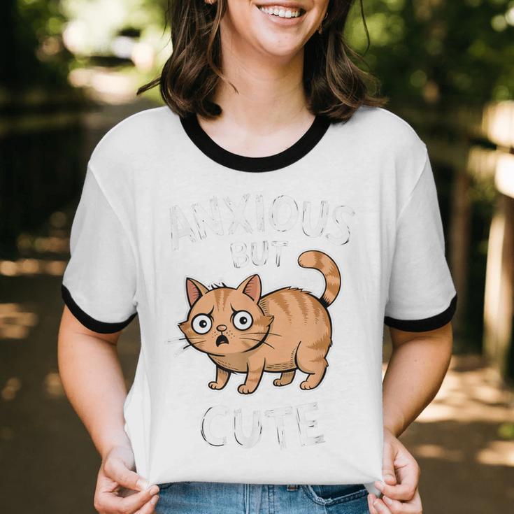 Anxious But Cute Anxiety Meme Cat Lover Introvert For Men Women Unisex Cotton Ringer T-Shirt