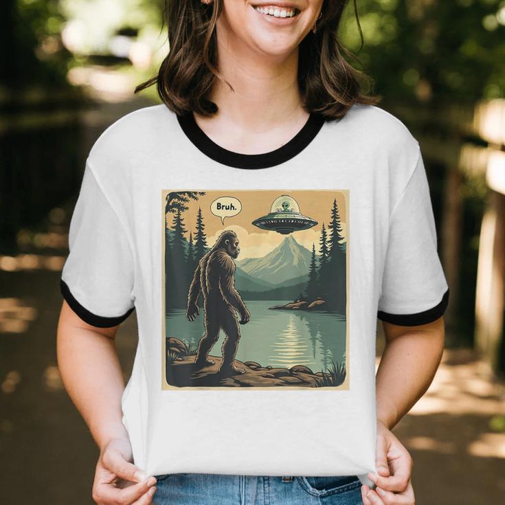 Bigfoot Sasquatch Alien Spaceship UFO Introvert Bruh Unisex Cotton Ringer T-Shirt Bigfoot Sasquatch Alien Spaceship UFO Introvert Bruh Unisex Cotton Ringer T-Shirt