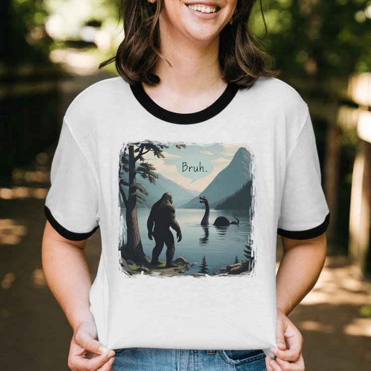 Bigfoot Sasquatch & Loch Ness Monster Introvert Bruh Unisex Cotton Ringer T-Shirt