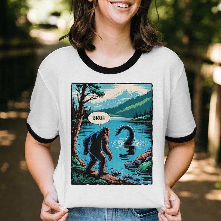 Bigfoot Sasquatch Loch Ness Monster Introvert Bruh Unisex Cotton Ringer T-Shirt