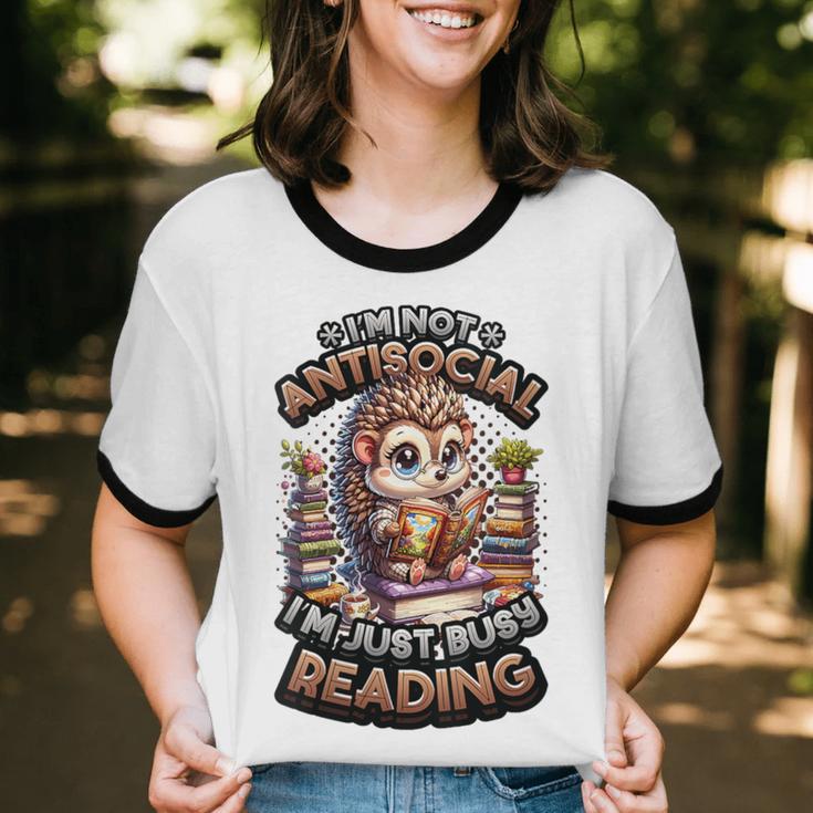 Book Lover Hedgehog Reading Books Introvert Bookworm Unisex Cotton Ringer T-Shirt