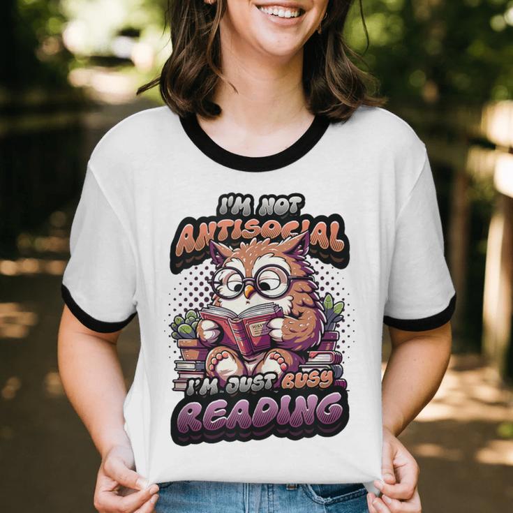 Book Lover Owl Reading Books Introvert Bookworm Unisex Cotton Ringer T-Shirt