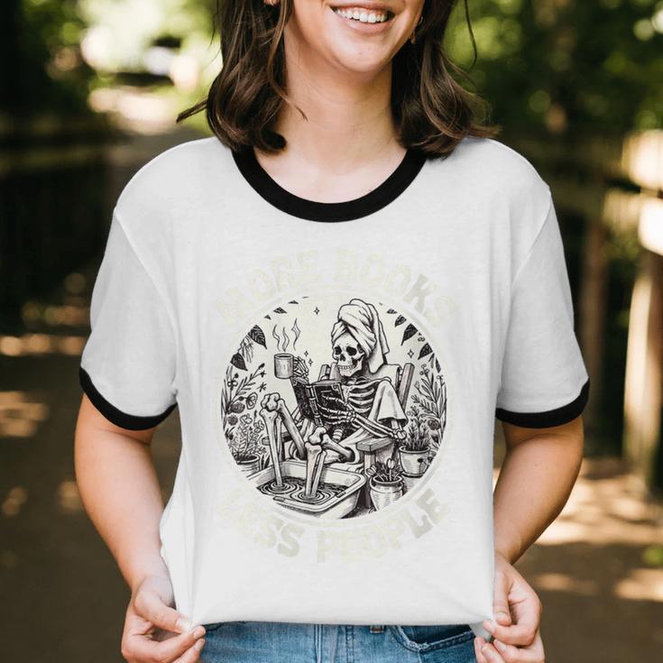 More Books Less People Introvert Skeleton Reading Unisex Cotton Ringer T-Shirt More Books Less People Introvert Skeleton Reading Unisex Cotton Ringer T-Shirt