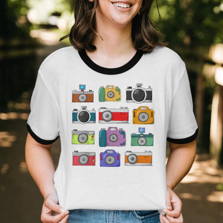 Camera Hand Drawn Old Nostalgia Retro Lens Styles Unisex Cotton Ringer T-Shirt