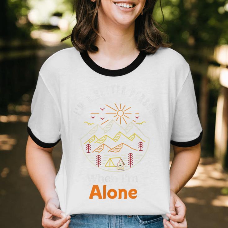 Camping Alone Meme Campfire Introvert Camper Unisex Cotton Ringer T-Shirt