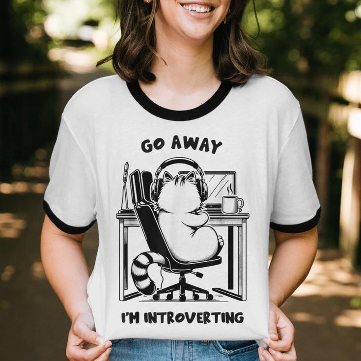 Cat With Coffee On Computer Go Away I'm Introverting Unisex Cotton Ringer T-Shirt Cat With Coffee On Computer Go Away I'm Introverting Unisex Cotton Ringer T-Shirt