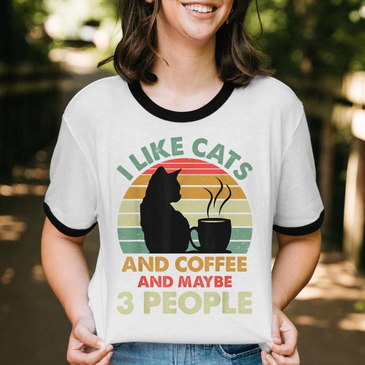 Cats Coffee & 3 People Tee Cute Font Introvert Humor Unisex Cotton Ringer T-Shirt