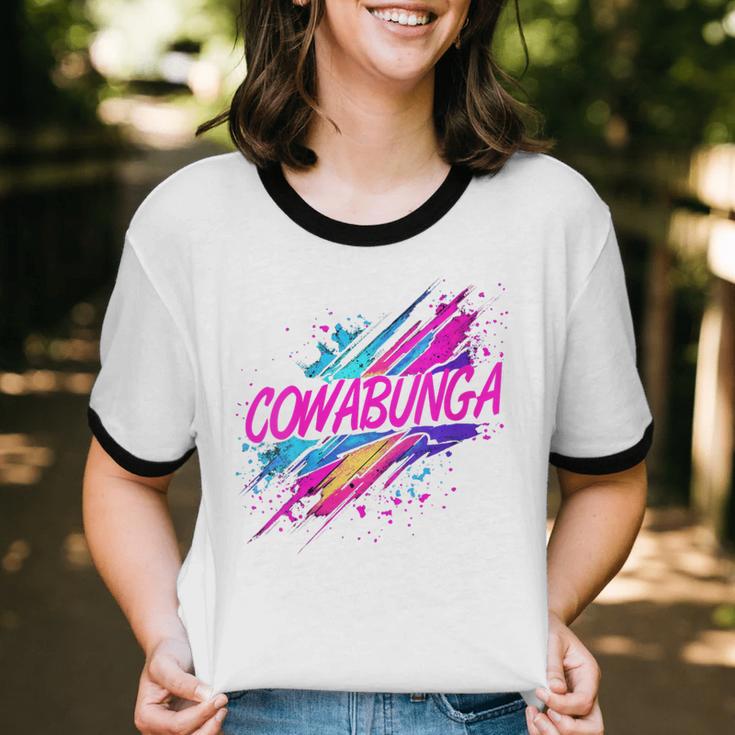 Cowabunga Retro 80s 90s Nostalgia Slang Neon Grunge Art Unisex Cotton Ringer T-Shirt