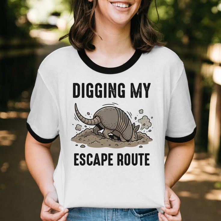 Digging My Escape Route Armadillo Introvert Humor Unisex Cotton Ringer T-Shirt